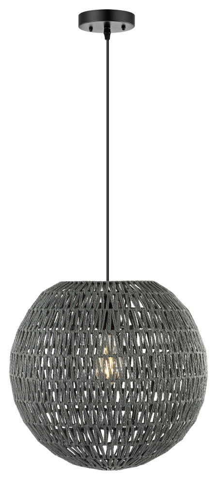 Luna 15.75" 1-Light Bohemian Modern Woven Rattan/Iron LED Pendant, Grey/Black