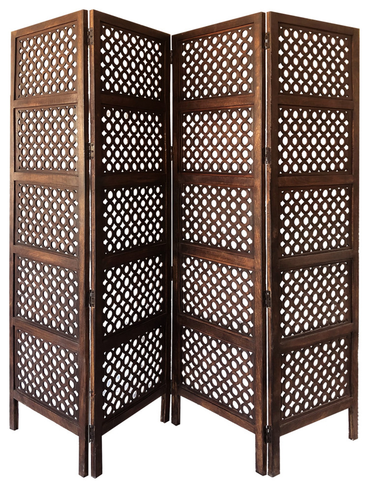Decorative Four Panel Mango Wood Hinged Room Divider with Circular