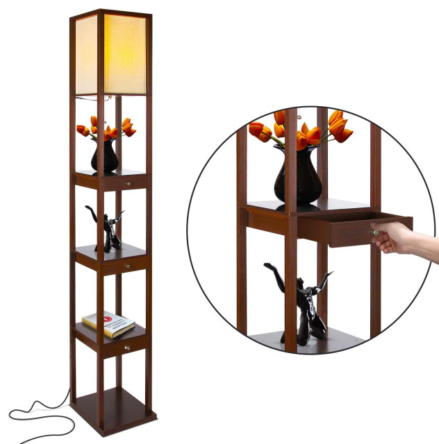 Brightech Maxwell Drawer Edition - Shelf & LED Floor Lamp Combination, Havana Br