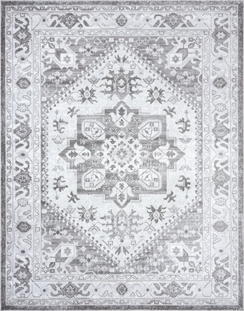 Roselyn Traditional Medallion Area Rug, Gray/White, 4' X 5'3''