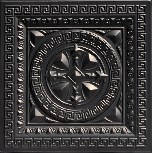 Odysseus Shield, Faux Tin Ceiling Tile, Black, 24"x24"