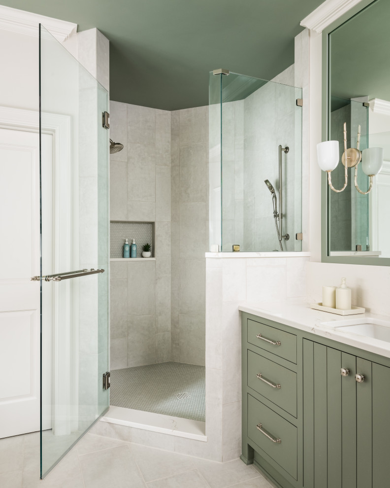 Large transitional master white tile and porcelain tile porcelain tile, beige floor and double-sink freestanding bathtub photo in Charlotte with furniture-like cabinets, green cabinets, a two-piece toilet, white walls, an undermount sink, quartz countertops, a hinged shower door, white countertops, a niche and a built-in vanity