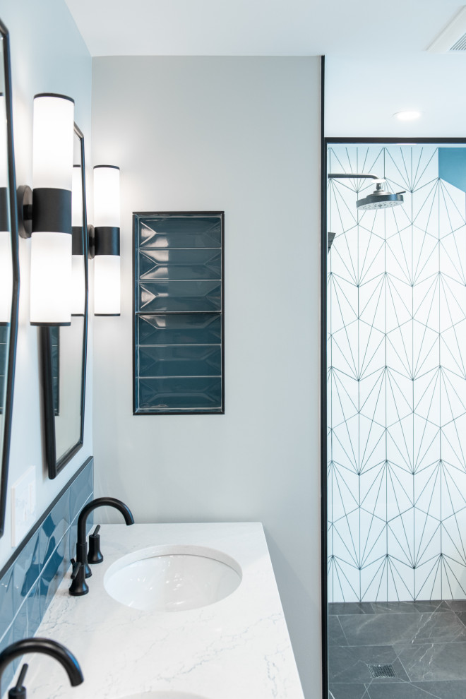 Large transitional master white tile and porcelain tile porcelain tile, black floor and double-sink bathroom photo in Chicago with shaker cabinets, light wood cabinets, a one-piece toilet, blue walls, an undermount sink, quartz countertops, white countertops, a niche and a freestanding vanity