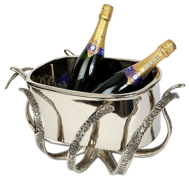 Aluminum and Nickel Plated Champagne Ice Bucket With Octopus Motif