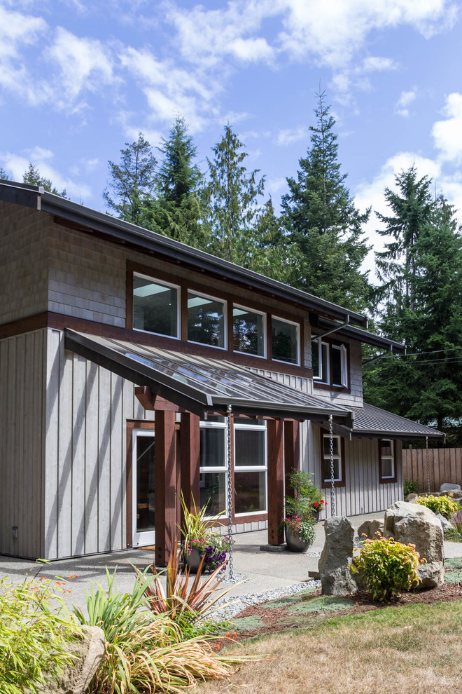 Inspiration for a mid-sized arts and crafts two-storey brown exterior in Vancouver with wood siding and a gable roof.