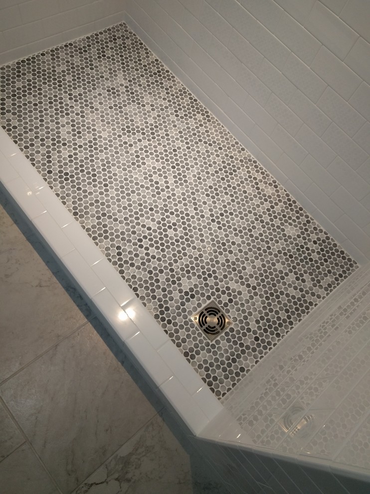 Shower with White Penny Tiles and White Grout - Transitional