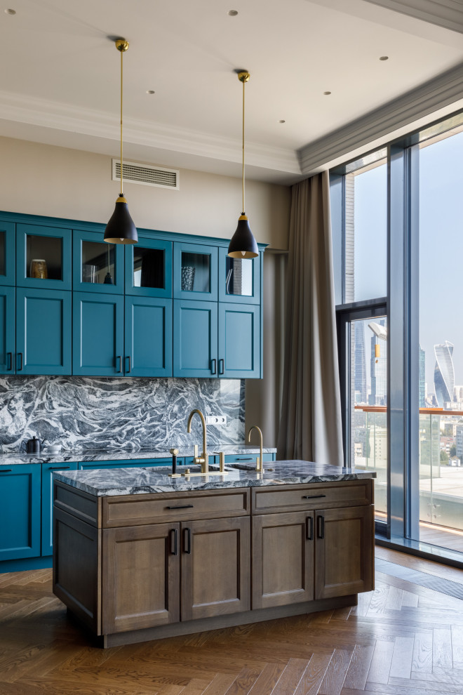 Design ideas for a contemporary kitchen in Moscow with shaker cabinets, turquoise cabinets, multi-coloured splashback, stone slab splashback, medium hardwood floors, with island, multi-coloured benchtop and recessed.