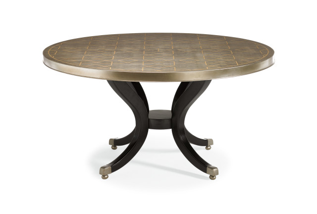 Center of Attention, Silver Leaf Round Dining Table With Black Pedestal Base