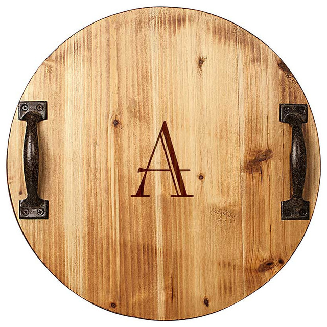 Personalized Rustic Wood Tray with Metal Handles Transitional