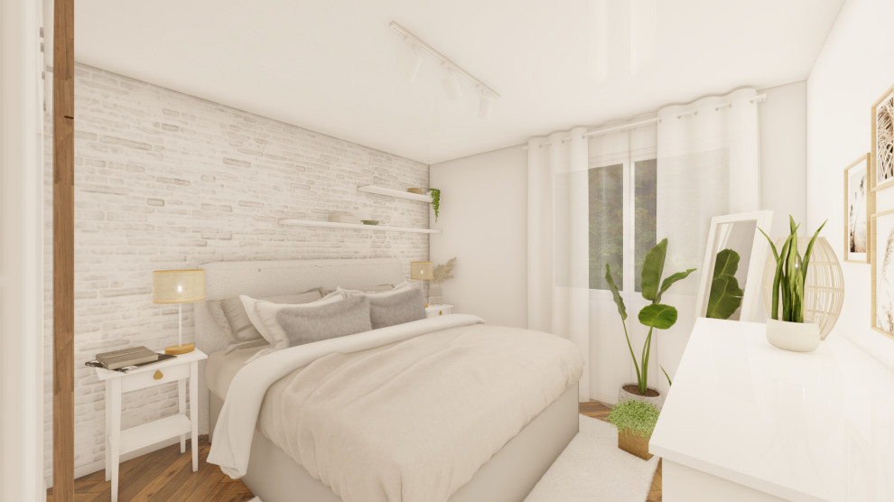 Mittelgroßes Mediterranes Hauptschlafzimmer mit weißer Wandfarbe, Vinylboden, braunem Boden und Tapetenwänden in Madrid