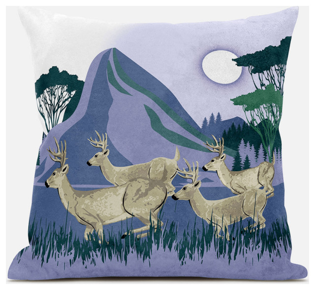 20x20 Brown Blue Green Deer Blown Seam Broadcloth Animal Print Throw Pillow