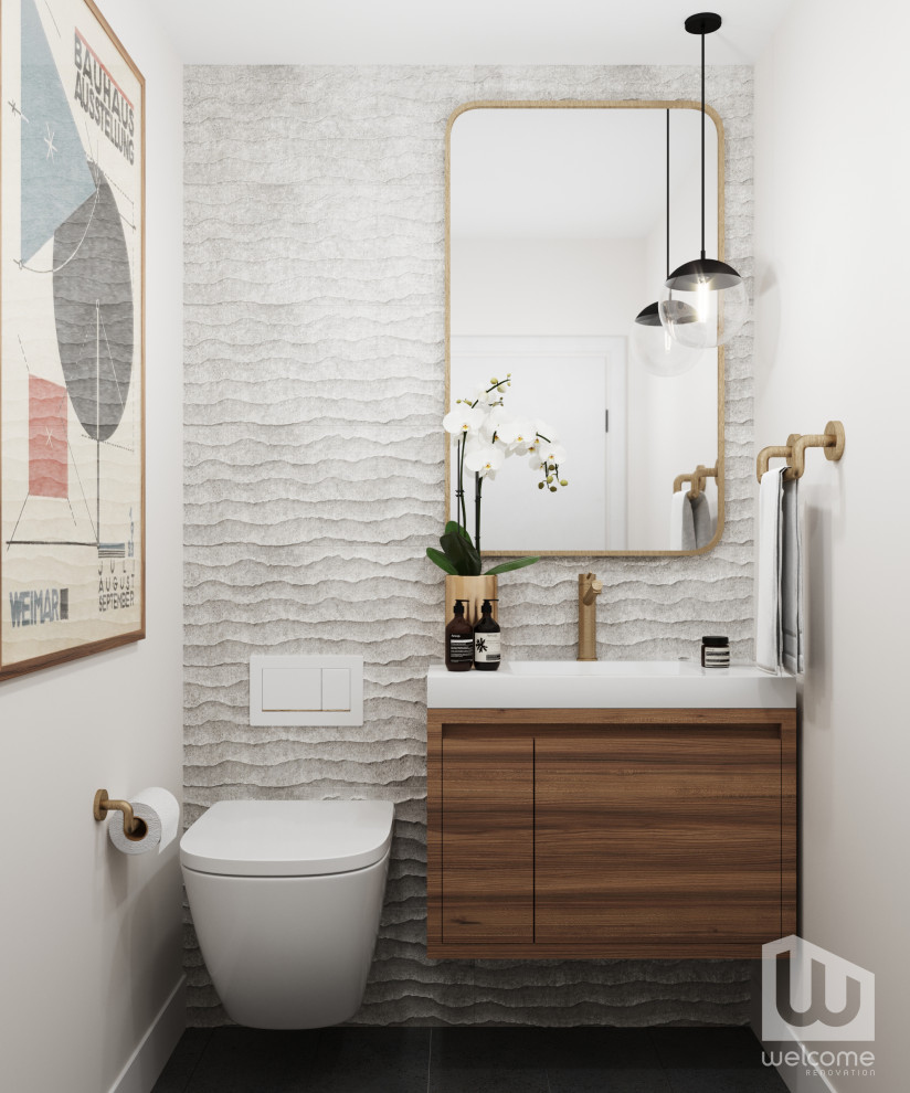 Cette photo montre un petit WC suspendu moderne en bois brun avec un placard à porte plane, un carrelage gris, des carreaux de béton, un mur gris, un lavabo encastré, un plan de toilette en quartz modifié, un sol noir, un plan de toilette blanc et meuble-lavabo suspendu.