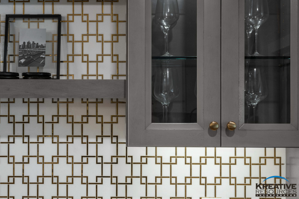 Eat-in kitchen - large transitional l-shaped porcelain tile and brown floor eat-in kitchen idea in Orlando with an undermount sink, shaker cabinets, quartzite countertops, beige backsplash, porcelain backsplash, stainless steel appliances, an island and white countertops