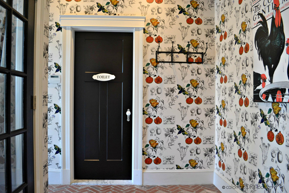 Large mudroom in Boston with brick floors, multi-coloured walls, a single front door and a black front door.