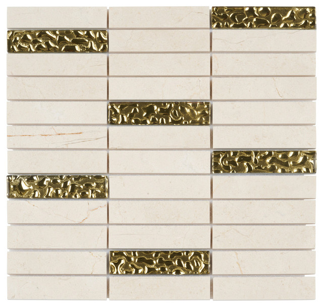 Cream Beige Marble Mosaic Tile Golden Glass Stack Backsplash 12 X12