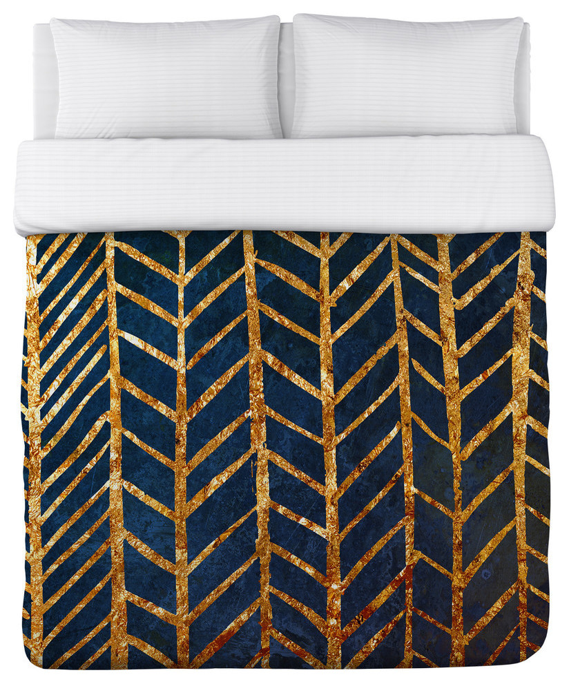 Isla, Navy Gold Duvet Cover, Queen Contemporary Duvet Covers And