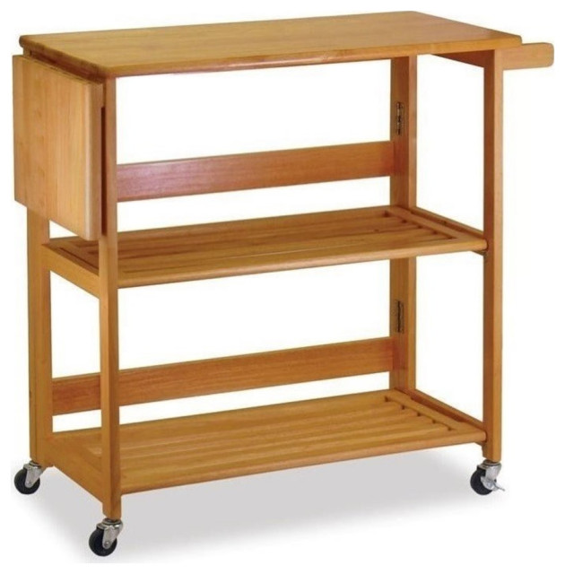 Pemberly Row Foldable Butcher Block Kitchen Cart in Light Oak Transitional Kitchen Islands