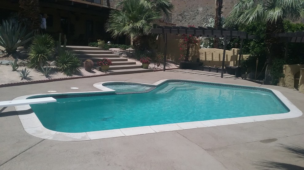 Photo of a mid-sized backyard custom-shaped pool in Other with concrete slab.