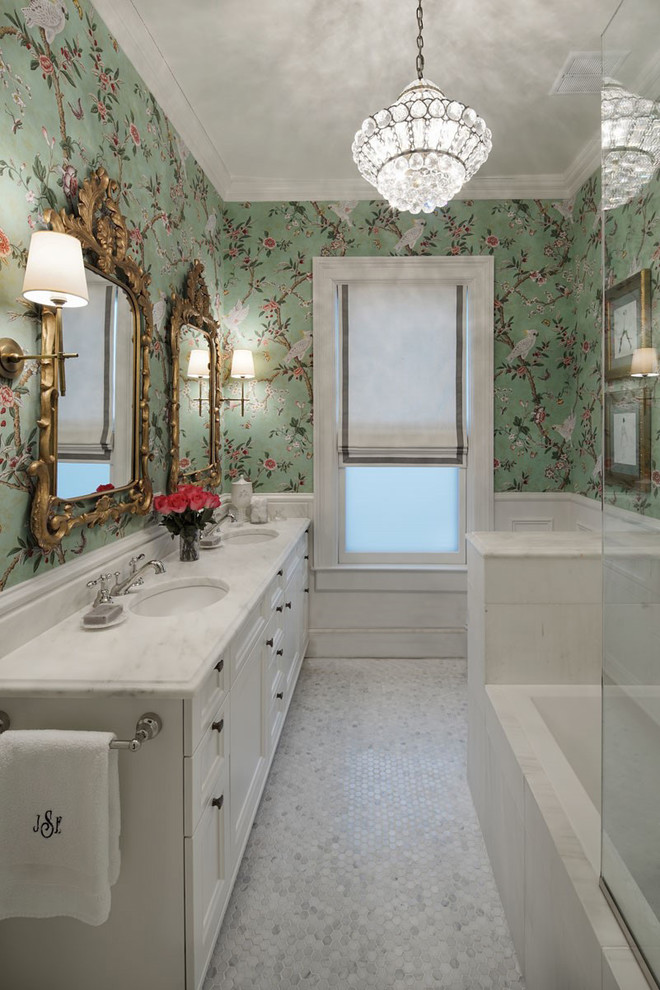 Inspiration for a mid-sized victorian mosaic tile floor alcove bathtub remodel in Chicago with white cabinets, marble countertops and multicolored walls
