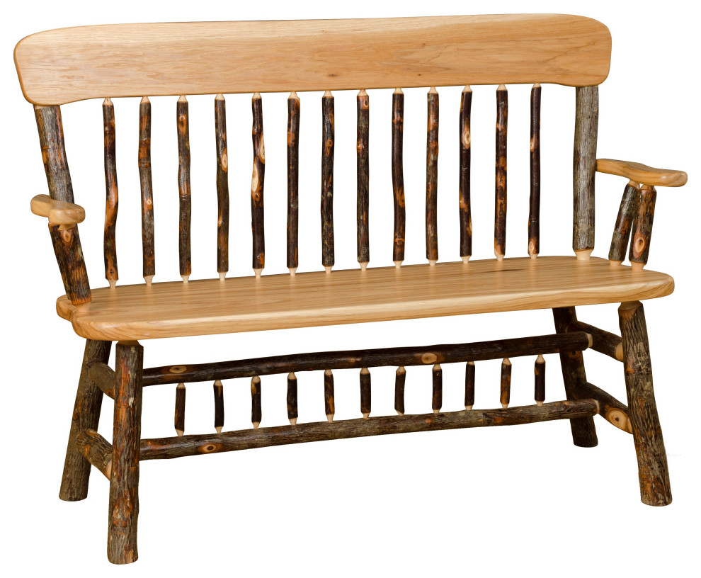 Hickory Log Panel-Back Bench, Hickory & Oak, 4 Foot, With Arms