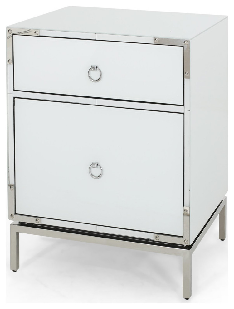 Elegant Nightstand, Stainless Steel Frame & Drawers With Ring Pulls
