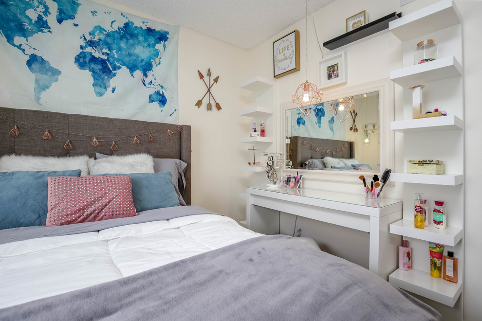 Modern kids' room in Los Angeles with white walls, laminate floors and grey floor for girls.