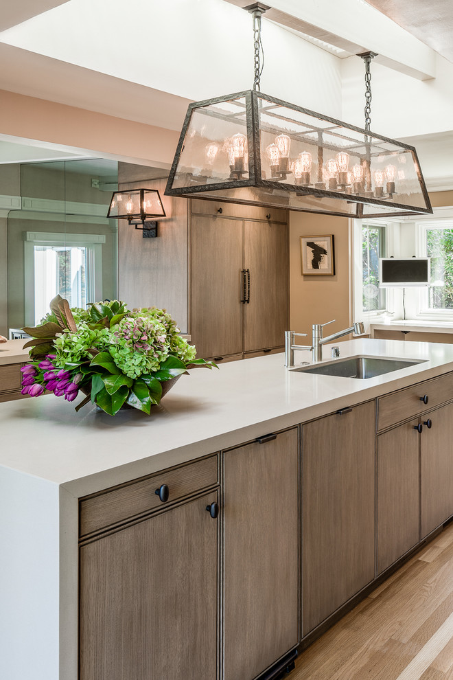 Mid-sized transitional u-shaped kitchen in San Francisco with flat-panel cabinets, medium wood cabinets, with island, an undermount sink, concrete benchtops and medium hardwood floors.
