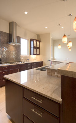 Kitchen - kitchen idea in Denver with flat-panel cabinets, dark wood cabinets, granite countertops, stainless steel appliances and an island