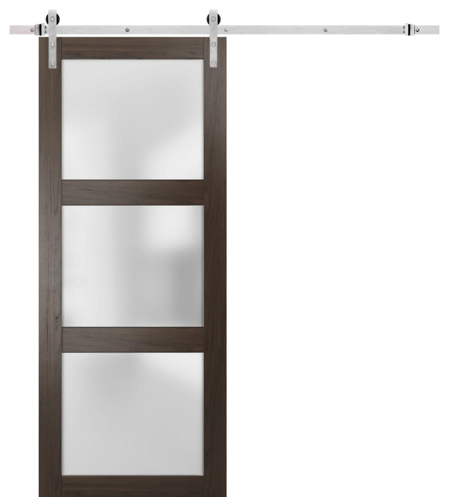 Barn Door Frosted Glass With Hardware, Lucia 2552 Chocolate Ash, Silver