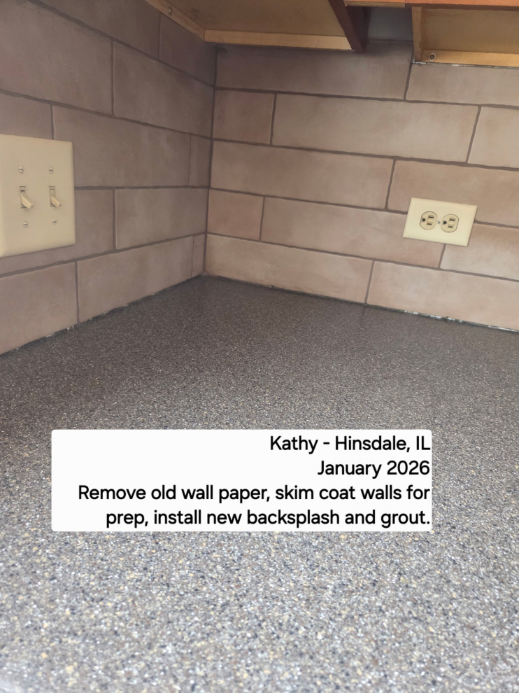 Backsplash Install, Remove wall paper, prep, skim coat  walls, install new tile