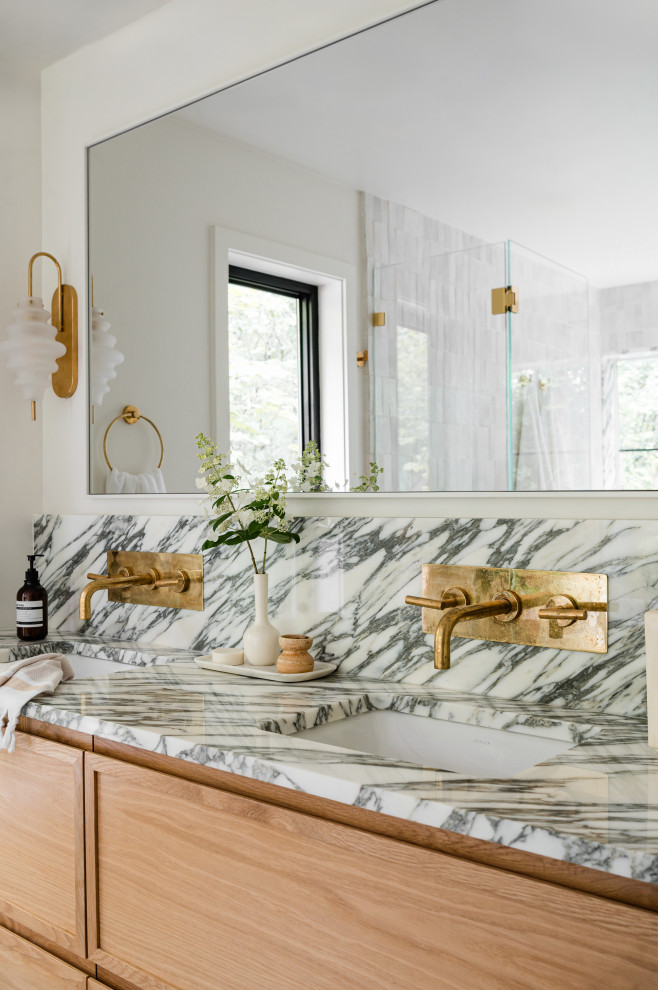 Inspiration for a mid-sized transitional master white tile and porcelain tile double-sink freestanding bathtub remodel in Chicago with shaker cabinets, light wood cabinets, white walls, an undermount sink, marble countertops, a hinged shower door, white countertops and a built-in vanity