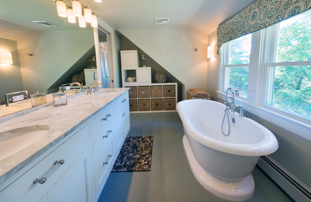 Inspiration for a small beach style master bathroom in New York with an undermount sink, beaded inset cabinets, white cabinets, marble benchtops, a freestanding tub, green walls and painted wood floors.