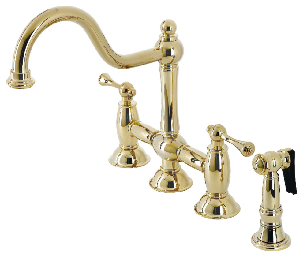 KS3792BLBS Restoration Bridge Kitchen Faucet With Brass Sprayer, Polished Brass