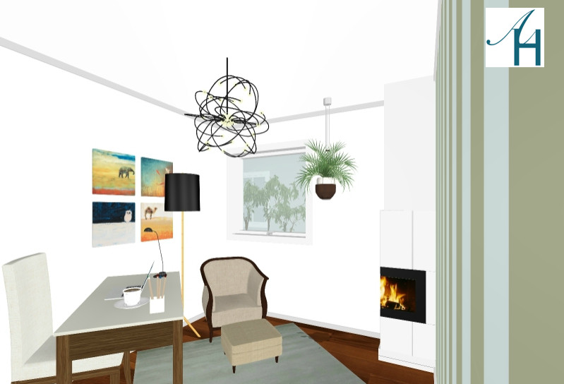他の地域にある低価格の小さなビーチスタイルのおしゃれなホームオフィス・書斎 (白い壁、濃色無垢フローリング、コーナー設置型暖炉、自立型机、壁紙) の写真
