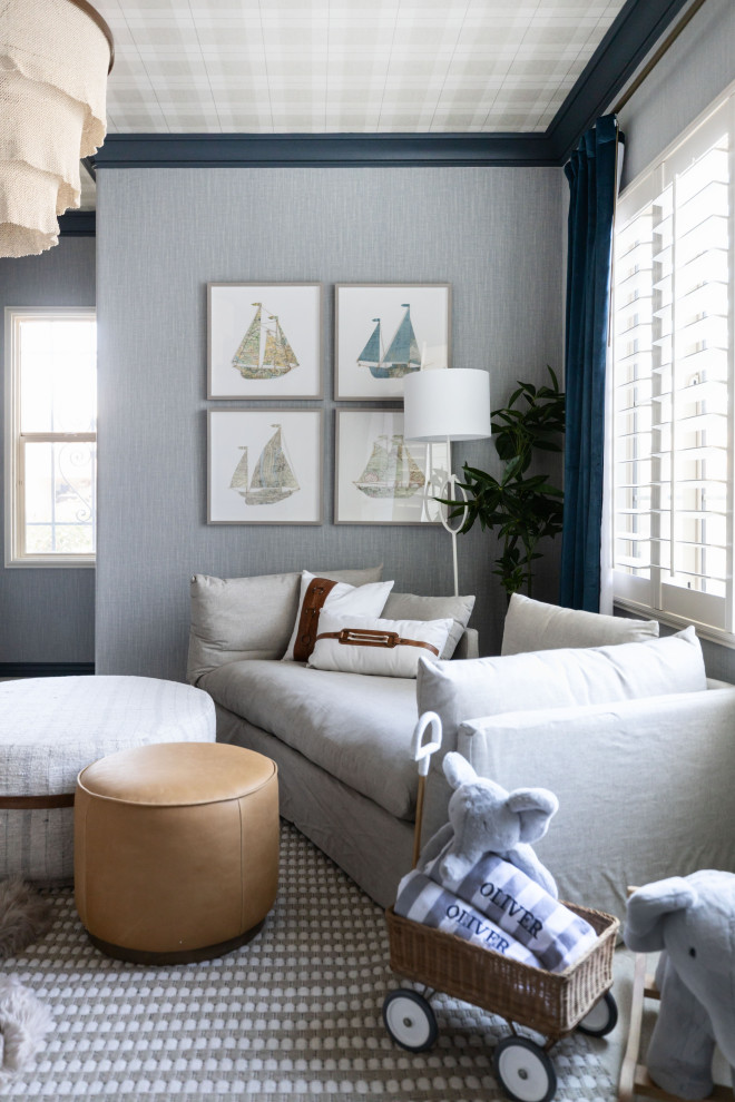Nursery Boy Room - THIS ADORABLE NURSERY GOT A FULL MAKEOVER WITH ADDED WALLPAPER ON WALLS + CEILING DETAIL. WE ALSO ADDED LUXE FURNISHINGS TO COMPLIMENT THE ART PIECES + LIGHTING