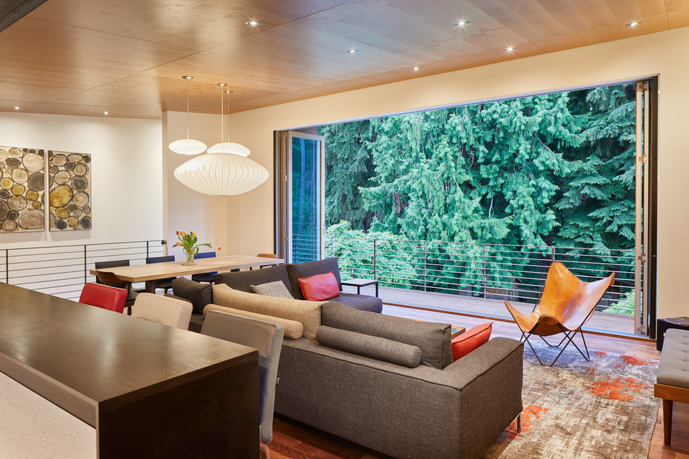 This is an example of a contemporary family room in Seattle.