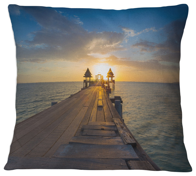 Huge Wooden Pier Into Setting Sun Pier Seascape Throw Pillow