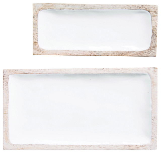 White Enameled Mango Wood Trays, 2Piece Set Farmhouse Serving