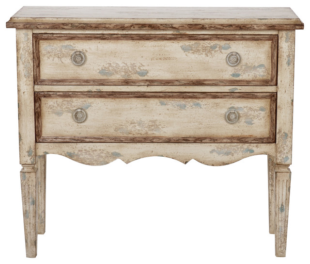 Distressed 2 Drawer Farmhouse Hall Chest Weathered Cream