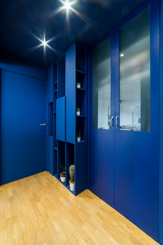 Photo of a large contemporary foyer in Paris with blue walls, light hardwood floors, a single front door, a blue front door and brown floor.