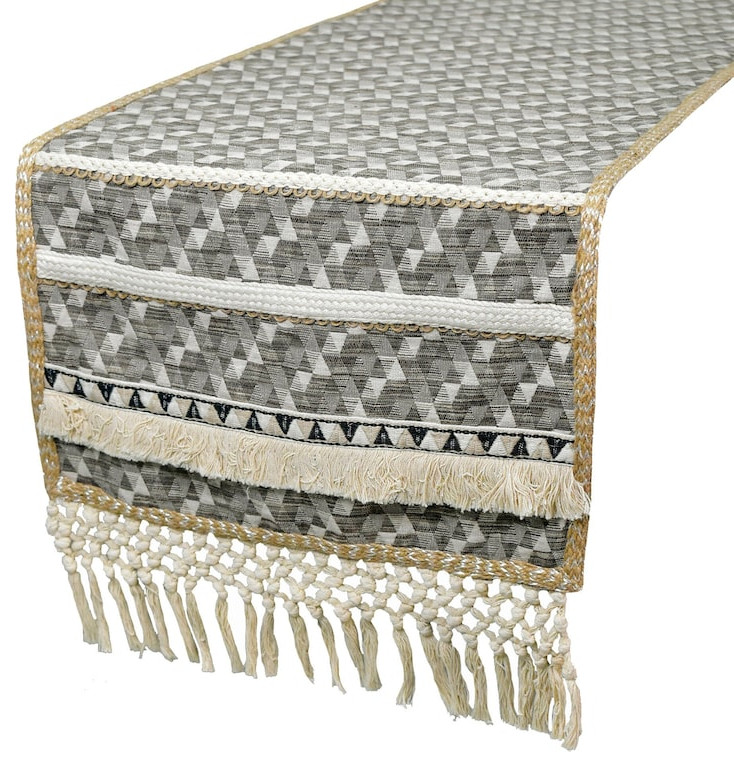 Luxury Table Runner Grey Jacquard 14"x64" Moroccan, Boho, Tassels - Nomad Lace