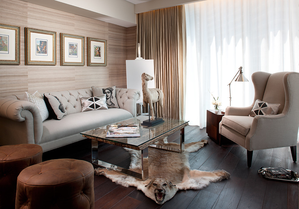 Design ideas for a mid-sized transitional living room in Miami with dark hardwood floors.