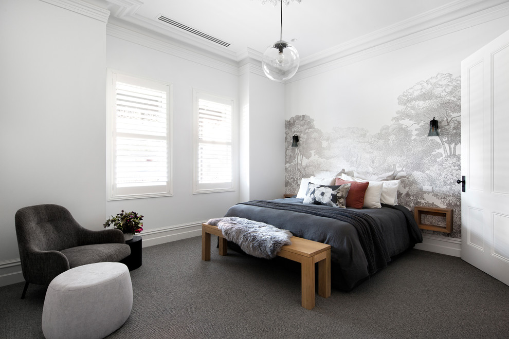 Design ideas for a contemporary bedroom in Melbourne with white walls, carpet and grey floor.