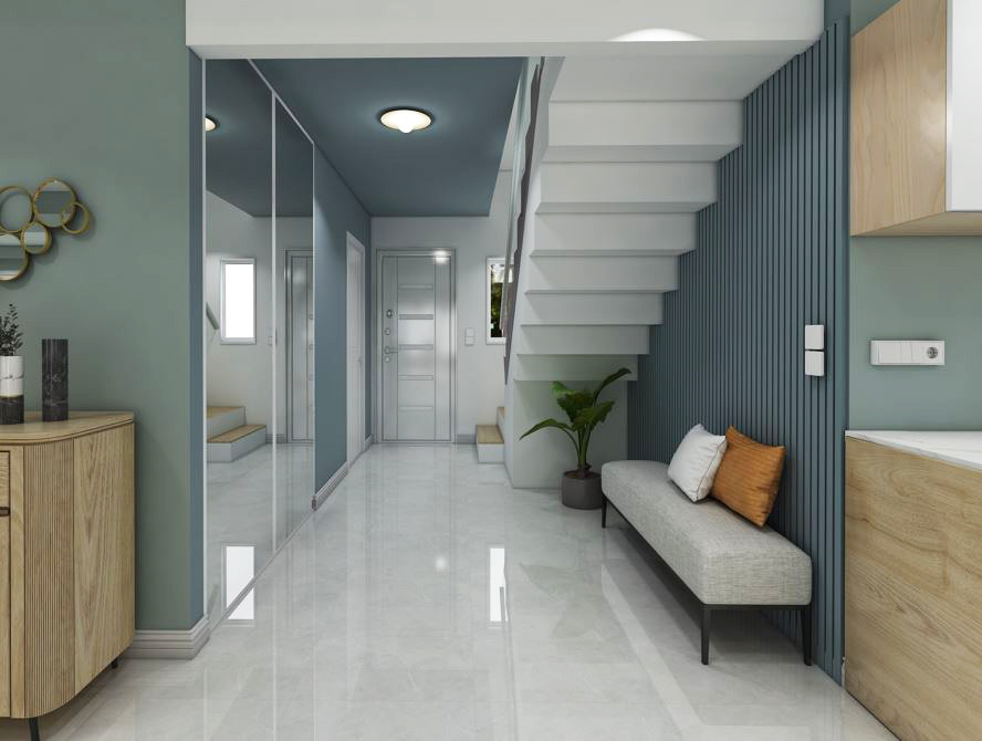 Idéer för att renovera en mellanstor minimalistisk hall, med blå väggar, klinkergolv i keramik och grått golv