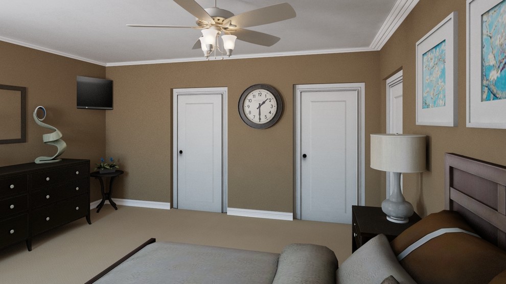 Design ideas for a mid-sized modern master bedroom in Tampa with brown walls and carpet.