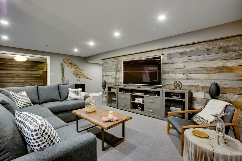 Inspiration for a large country fully buried basement in Toronto with grey walls, carpet and grey floor.