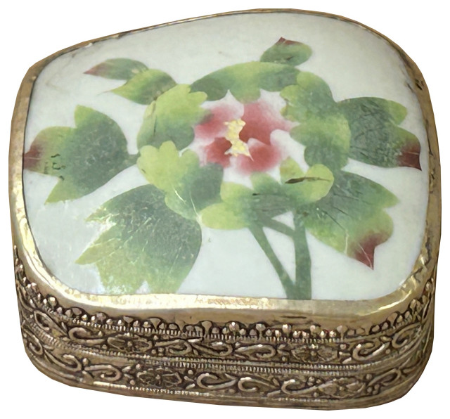 3.5" Chinese Old White Base Pink Flower Graphic Porcelain Art Pewter