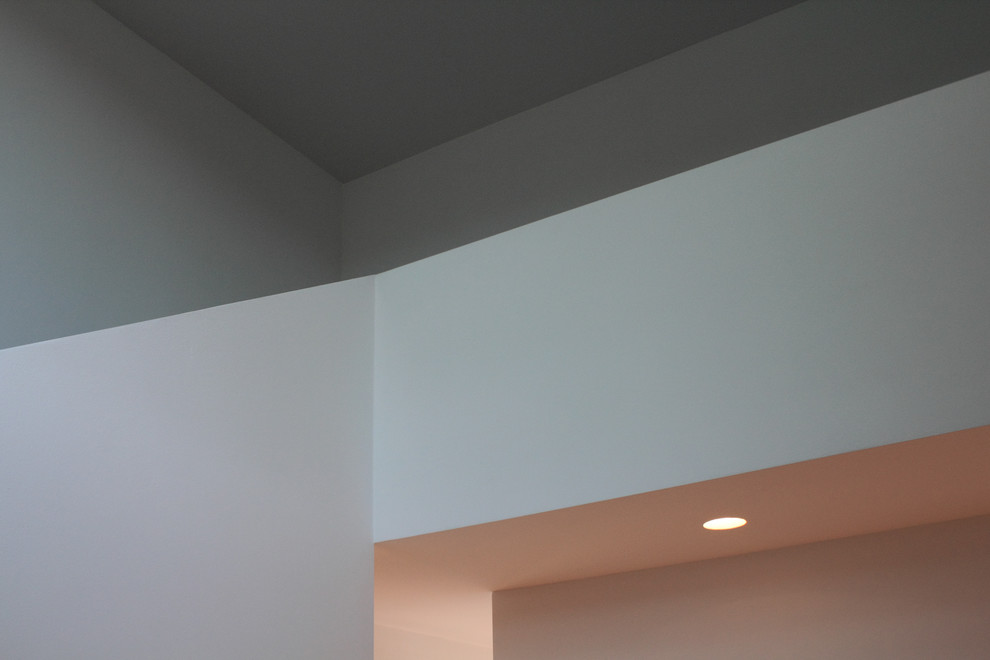 Geräumiger Industrial Flur mit weißer Wandfarbe, hellem Holzboden und beigem Boden in Hannover