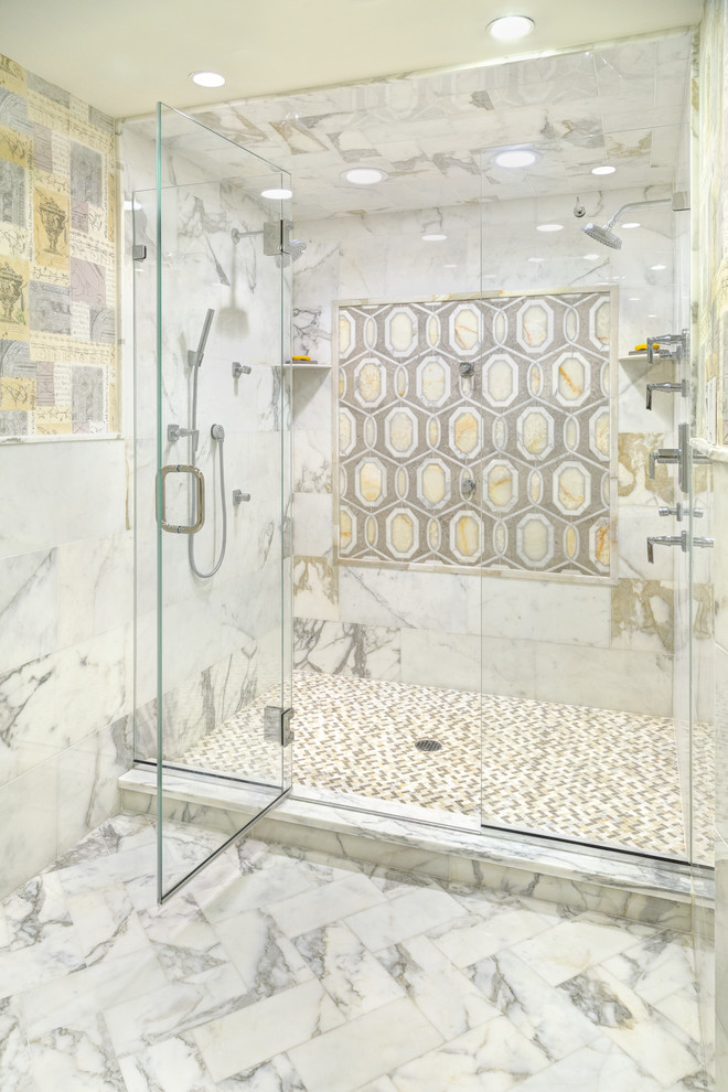 Contemporary bathroom in New York with a double shower and yellow walls.