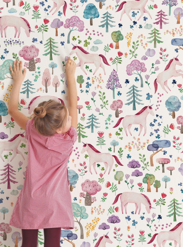 Unicorn Forest Peel and Stick Vinyl Mural, Day, 24"w X 108"h